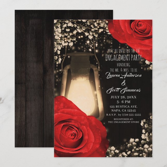 Invitación Linterna Rustic Glow Brillante Rosas Rojas Comprom (Anverso / Reverso)
