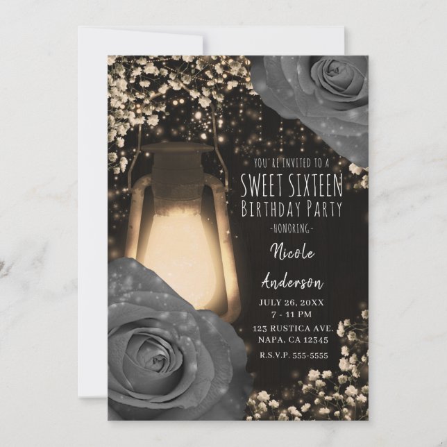 Invitación Linterna Rustic Glow Gris Claro Rosas Fiesta de Du (Anverso)