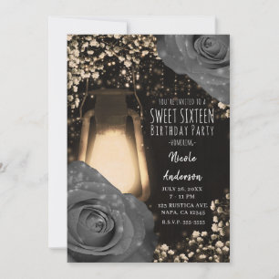 Invitación Linterna Rustic Glow Gris Claro Rosas Fiesta de Du