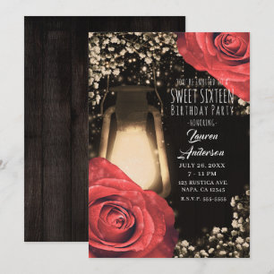 Invitación Linterna Rustic Glow y Rosas Rojas Dulces 16