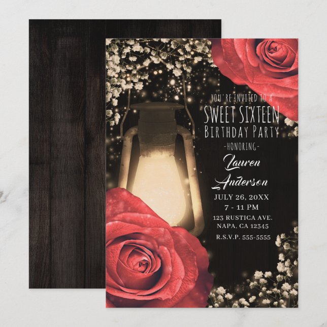 Invitación Linterna Rustic Glow y Rosas Rojas Dulces 16 (Anverso / Reverso)