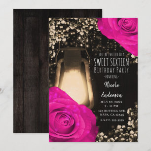 Invitación Linterna Rustic Glow y Sweet 16 Rosa Fucsia