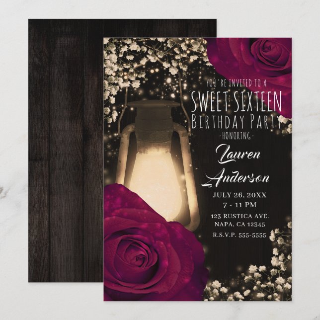 Invitación Linterna Rústica con Brillo y Rosas Magenta Dulces (Anverso / Reverso)