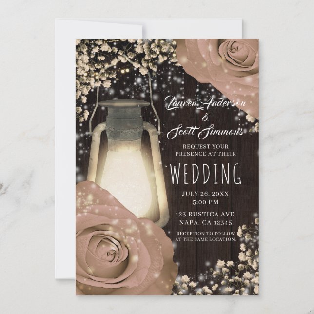 Invitación Linterna Rústica de Resplandor Beige Rosas Boda de (Anverso)