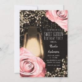 Invitación Linterna Rústica Glow Rosas Melocotón Rosado Dulce