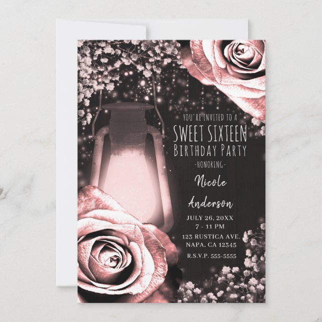 Invitación Linterna Rústica Resplandeciente Rosas Sonrosadas  (Anverso)