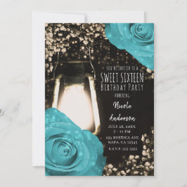 Invitación Linterna Rústica Resplandeciente Turquesa Rosas Az