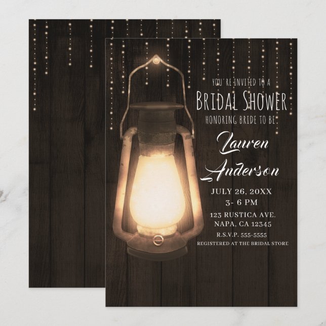 Invitación Linterna Rústica y Luces Madera Marrón Fiesta de D (Anverso / Reverso)