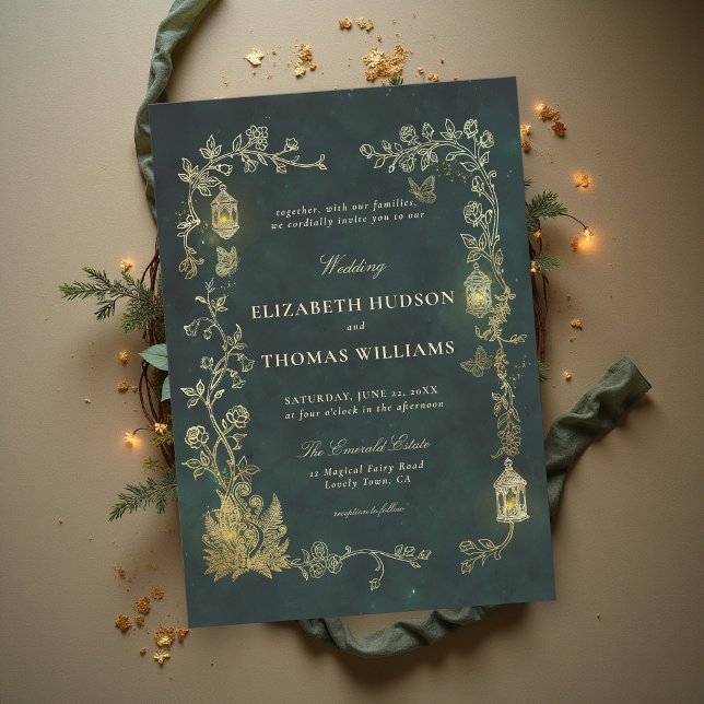 Invitación Linterna verde esmeralda de cuento de hadas para b (fairytale wedding invitation enchanted forest woodland fairycore lanterns emerald green gold)