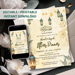 Invitación Linterna Verde y Floral Dorada Iftar de Ramadan