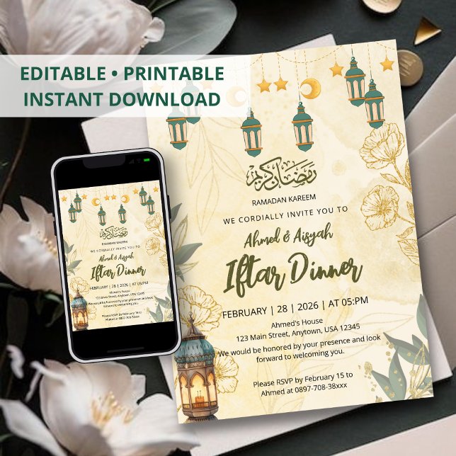 Invitación Linterna Verde y Floral Dorada Iftar de Ramadan (Subido por el creador)