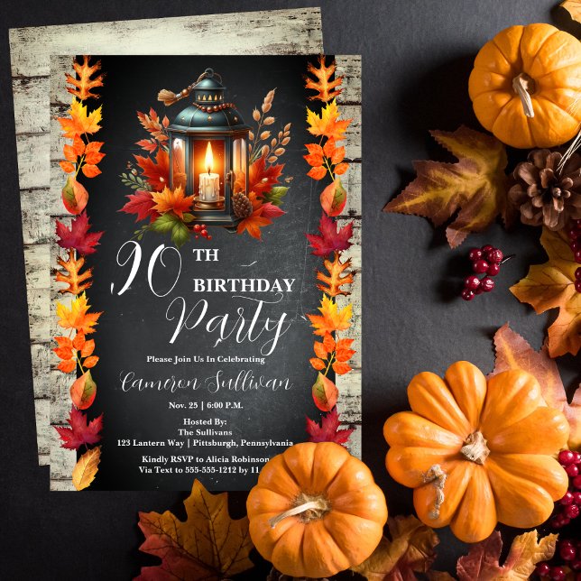 Invitación Linterna y hojas rusticas en la fiesta de cumpleañ (Candlelit Lantern and Fall | Autumn Leaves 90th Birthday Party Celebration Invitation)