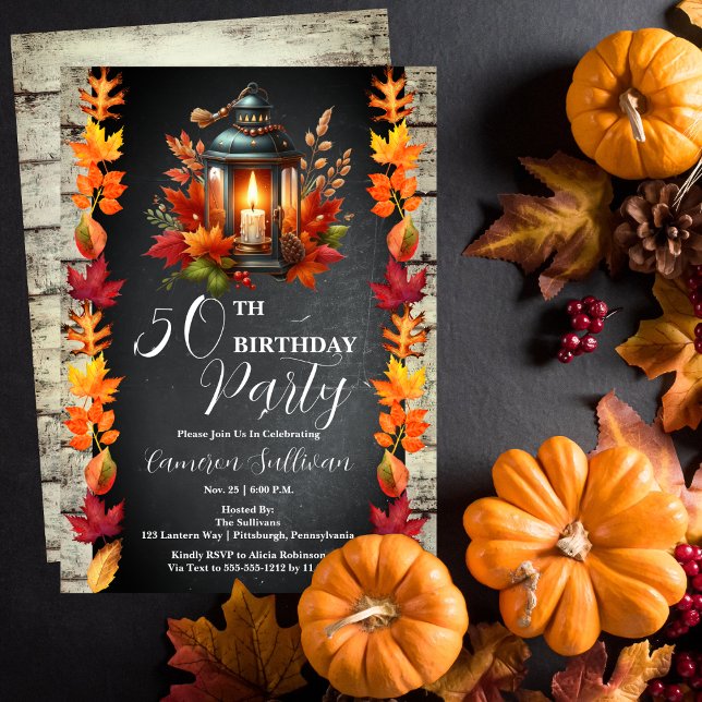 Invitación Linterna y hojas rusticas en la fiesta de cumpleañ (Candlelit Lantern and Fall | Autumn Leaves 50th Birthday Party Celebration Invitation)