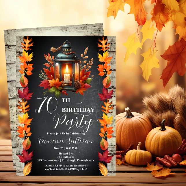 Invitación Linterna y hojas rusticas en la fiesta de cumpleañ (Candlelit Lantern and Fall | Autumn Leaves 70th Birthday Party Celebration Invitation)