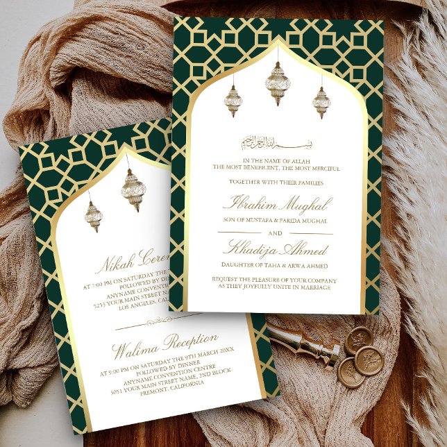 Invitación Linternas colgantes de oro verde esmeralda Boda mu (Subido por el creador)