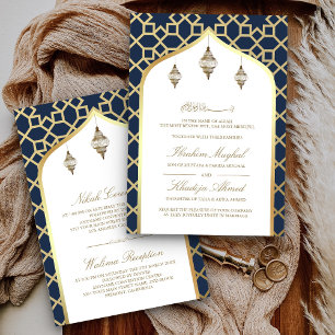 Invitación Linternas colgantes doradas azul marino Boda musul