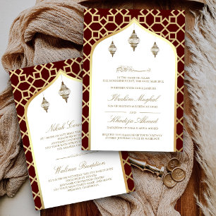 Invitación Linternas colgantes doradas granate Boda musulmana