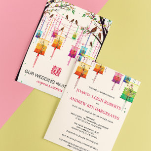 Invitación Linternas coloridas Aves de los Árboles de Cerezo 
