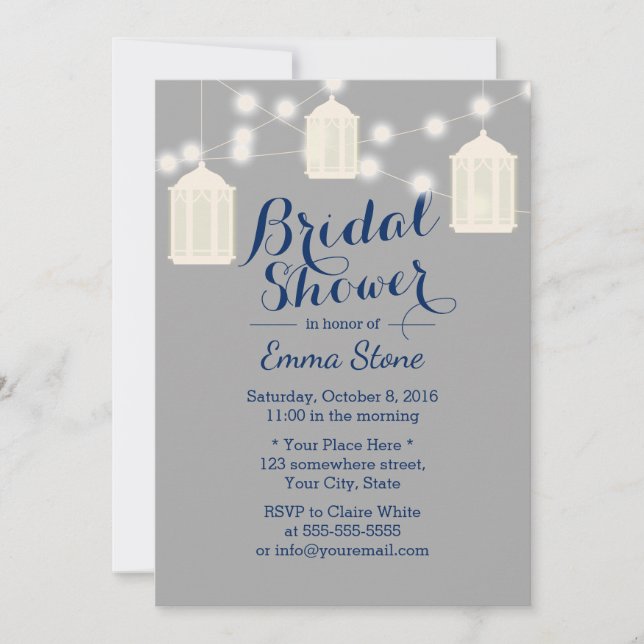 Invitación Linternas de época Gris y ducha azul de novia de l (Anverso)