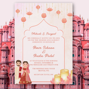 Invitación Linternas de Loto Mehndi Sangeet Boda Hindú