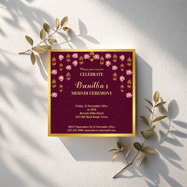 Invitación Linternas de Lotus y Arabian Mehndi, boda indio (Lotus and Arabian lanterns maroon Indian wedding mehndi Invitation template instant dowmmload)