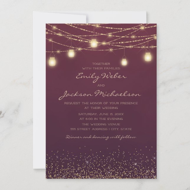 Invitación Linternas de Luces de Cadenas con Brillo Dorado y  (Anverso)