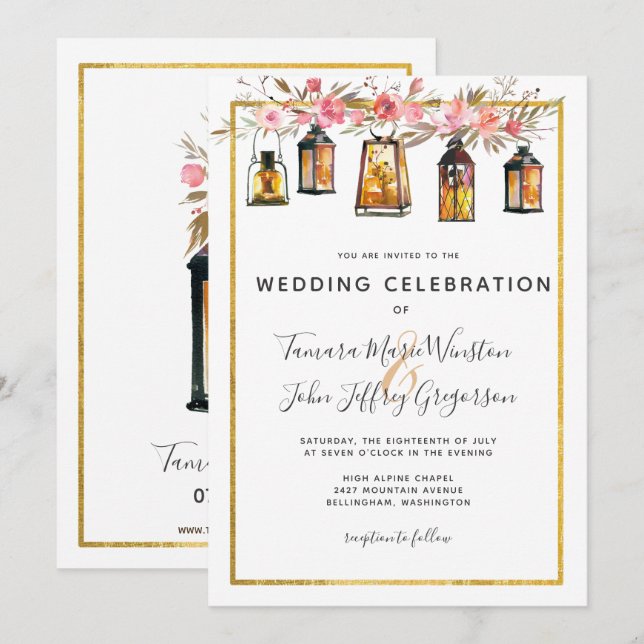 Invitación Linternas de Moda Rústica Rosa Boda de Floral Dora (Anverso / Reverso)