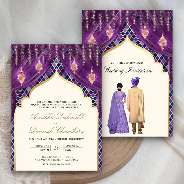 Invitación Linternas de oro Boda de pareja india púrpura (Subido por el creador)