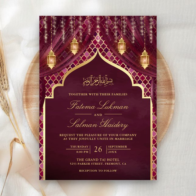 Invitación Linternas de Oro Cortina de Ciruela Boda Musulmana (Subido por el creador)
