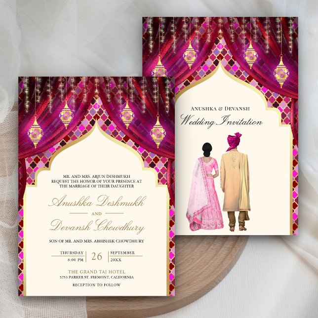 Invitación Linternas de oro Magenta Boda de pareja india rosa (Subido por el creador)