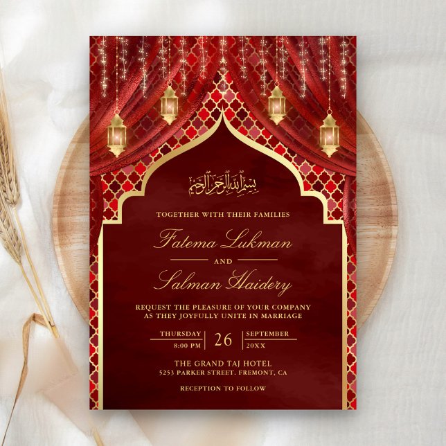 Invitación Linternas de oro Maroon Curanda roja Boda musulman (Subido por el creador)