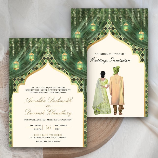 Invitación Linternas de oro Sage Boda de pareja india verde (Subido por el creador)