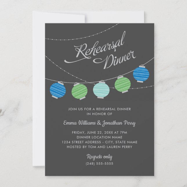 Invitación Linternas de papel Boda verde azul Ensayo de cena (Anverso)