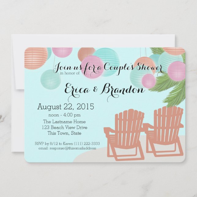 Invitación Linternas de papel de playa Ducha de pareja (Anverso)