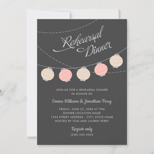 Invitación Linternas de papel Ensayo de Boda rosa Rubor Cena (Anverso)