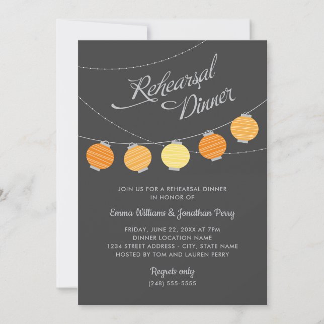 Invitación Linternas de papel Naranja Boda ensayo Cena (Anverso)