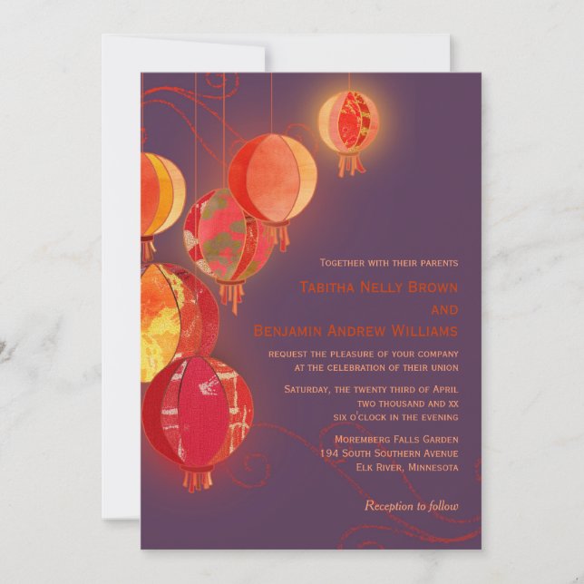 Invitación Linternas de papel rojo Boda púrpura (Anverso)