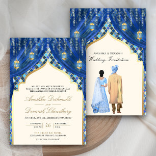 Invitación Linternas doradas Boda de pareja india azul