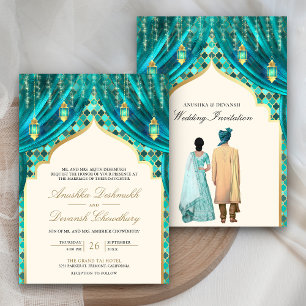 Invitación Linternas doradas Boda de pareja india en color tu