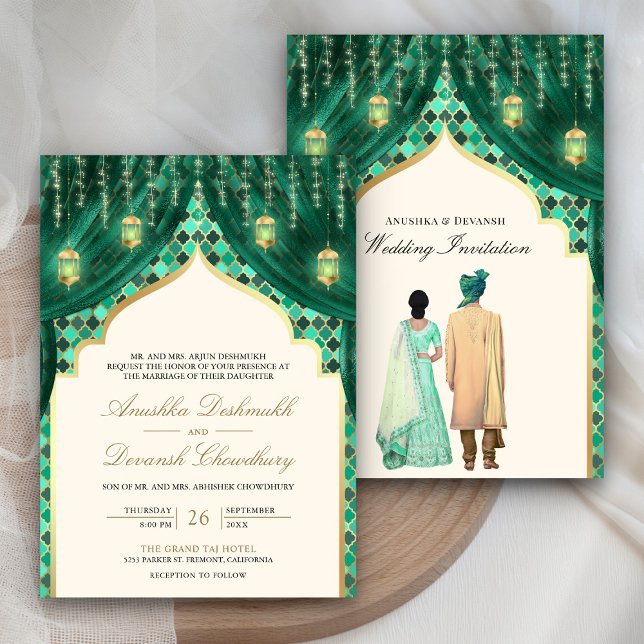 Invitación Linternas doradas boda de pareja india esmeralda v (Subido por el creador)