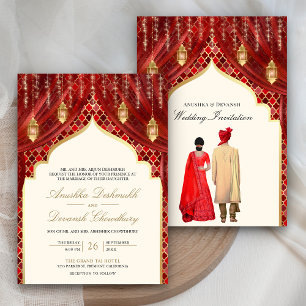 Invitación Linternas doradas Boda de pareja india roja