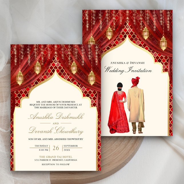 Invitación Linternas doradas Boda de pareja india roja (Subido por el creador)