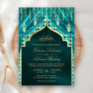 Invitación Linternas doradas cortina azul musulmán boda