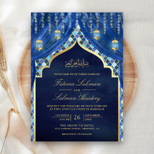 Invitación Linternas doradas Cortina azul real Boda musulmana