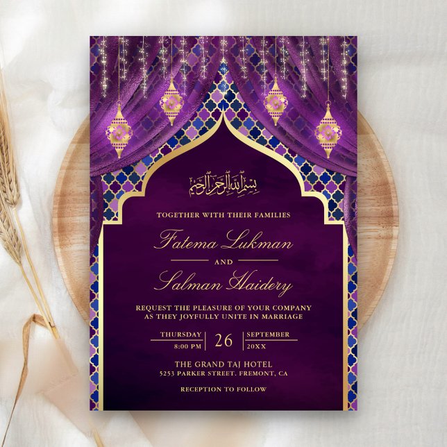 Invitación Linternas doradas Cortina morada Boda musulmana (Subido por el creador)