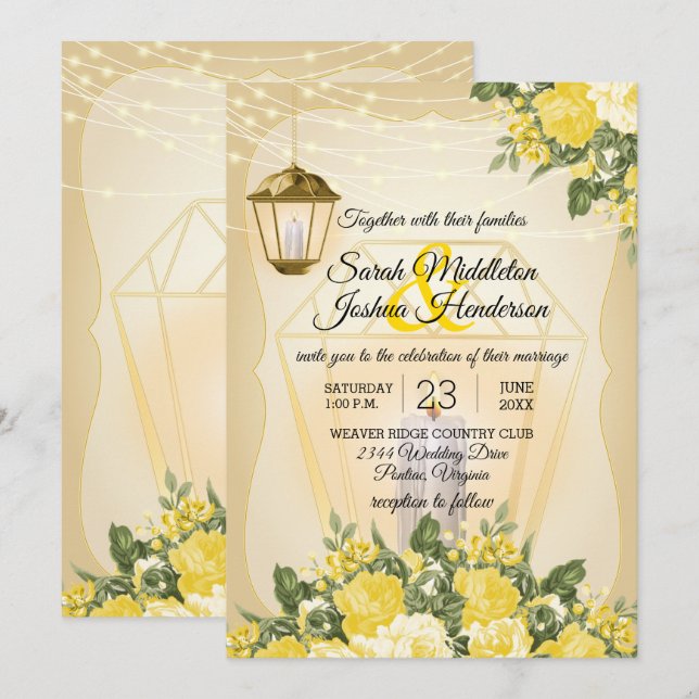 Invitación Linternas doradas y Boda de flores amarillas (Anverso / Reverso)
