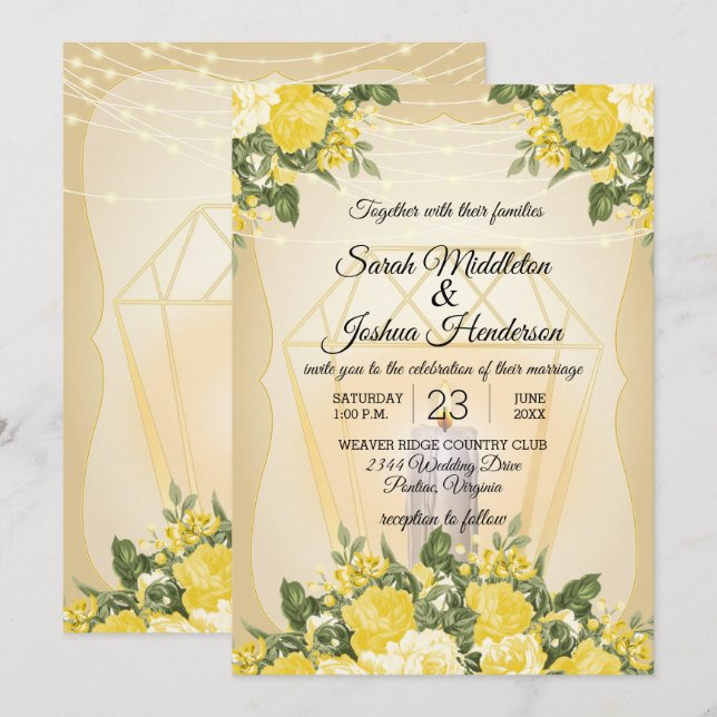 Invitación Linternas Doradas y Bodas de Flor Amarilla (Anverso / Reverso)