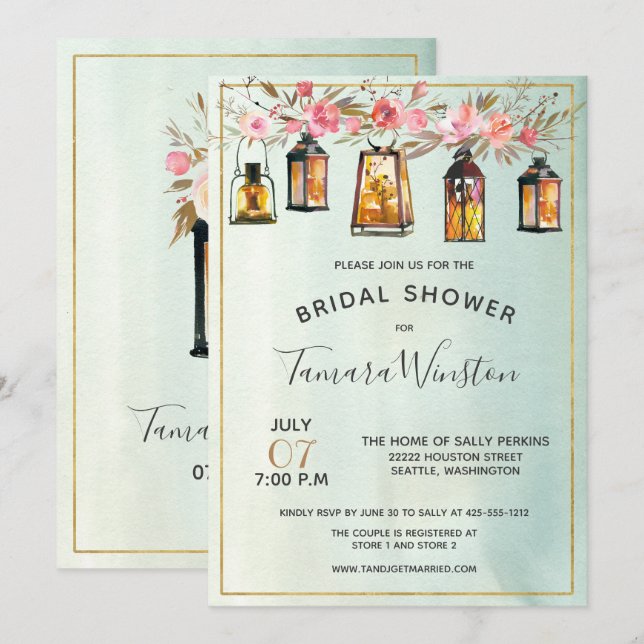 Invitación Linternas florales acuáticas Subió ducha de novias (Anverso / Reverso)