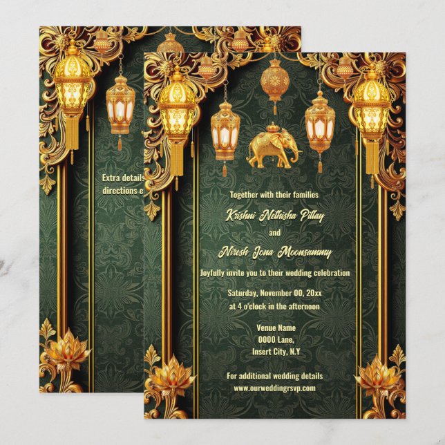 Invitación Linternas indias lotus flor elefantes lujosos (Anverso / Reverso)