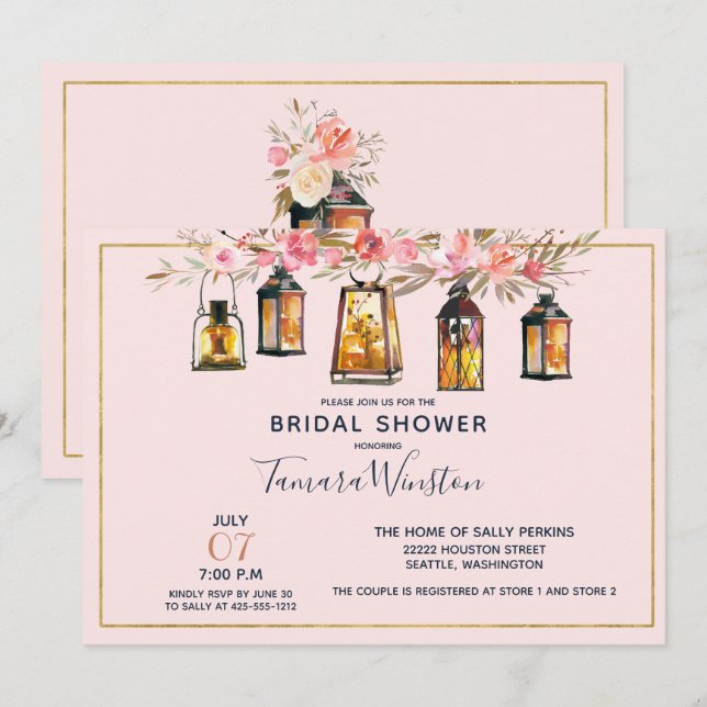 Invitación Linternas románticas rusas Subió ducha de novias d (Anverso / Reverso)